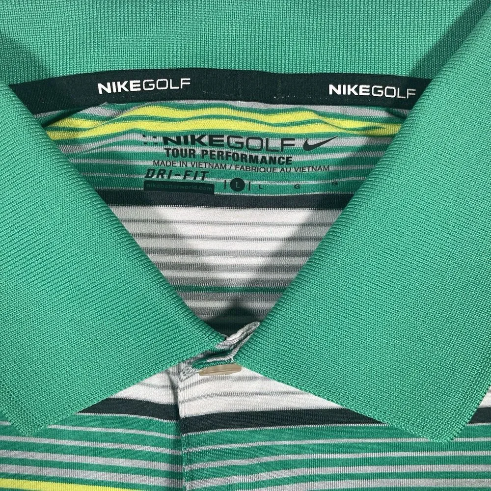 NIKE Golf Tour Performance Polo Shirt‎ Dri-Fit Mens L Green Striped Short Sleeve